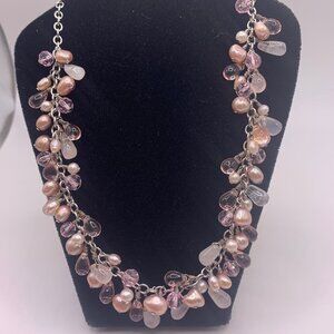 🐱 5 for $10.  Silvertone Chain Necklace with Pink, White & Purple Beads